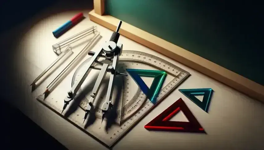 Set di strumenti geometrici su superficie in legno chiaro con compasso metallico, righello trasparente, goniometro e triangoli colorati.