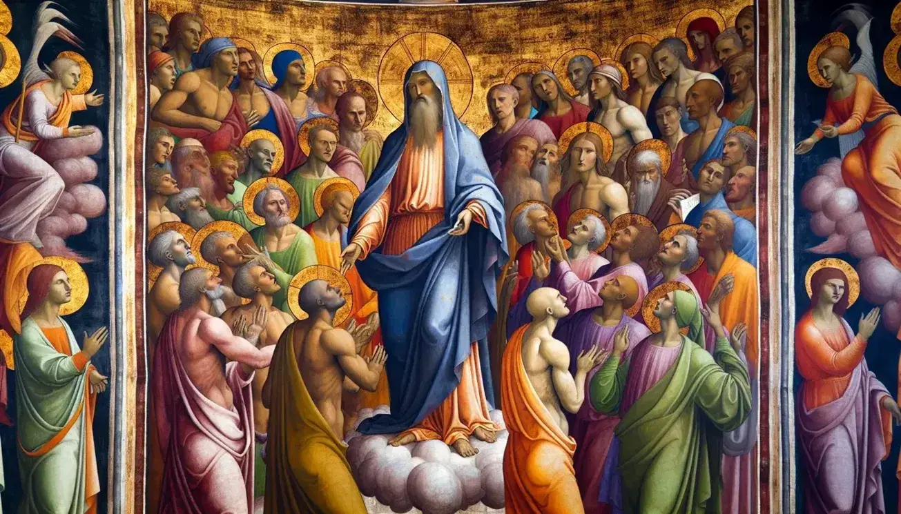 Dettaglio del Giudizio Universale di Giotto nella Cappella degli Scrovegni, con figure emotive e colori vivaci attorno a una figura centrale con aureola dorata.