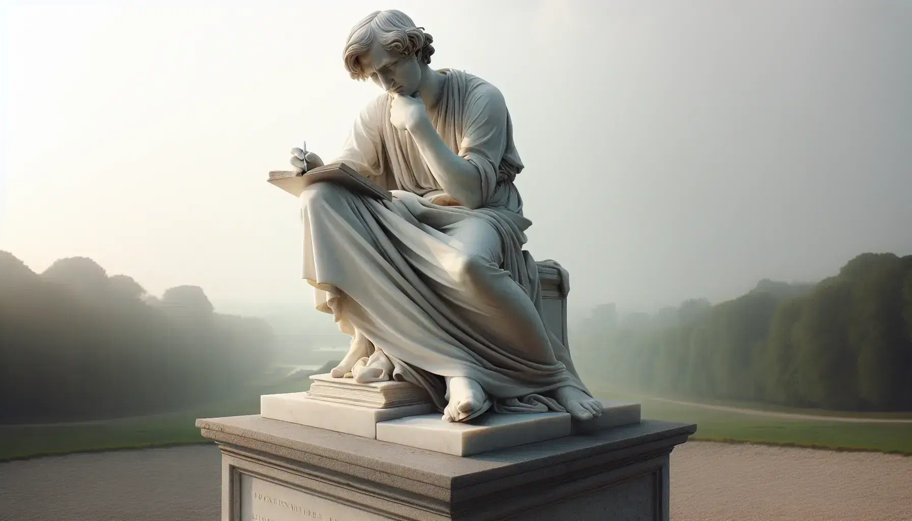 Statua in marmo bianco di poeta italiano ottocentesco pensieroso, seduto con penna e libro aperto, su sfondo naturale sfumato.
