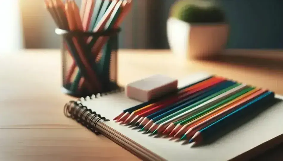 Matite colorate affilate in ordine su banco scolastico con gomma bianca e quaderno aperto sfocato sullo sfondo, illuminati da luce naturale.