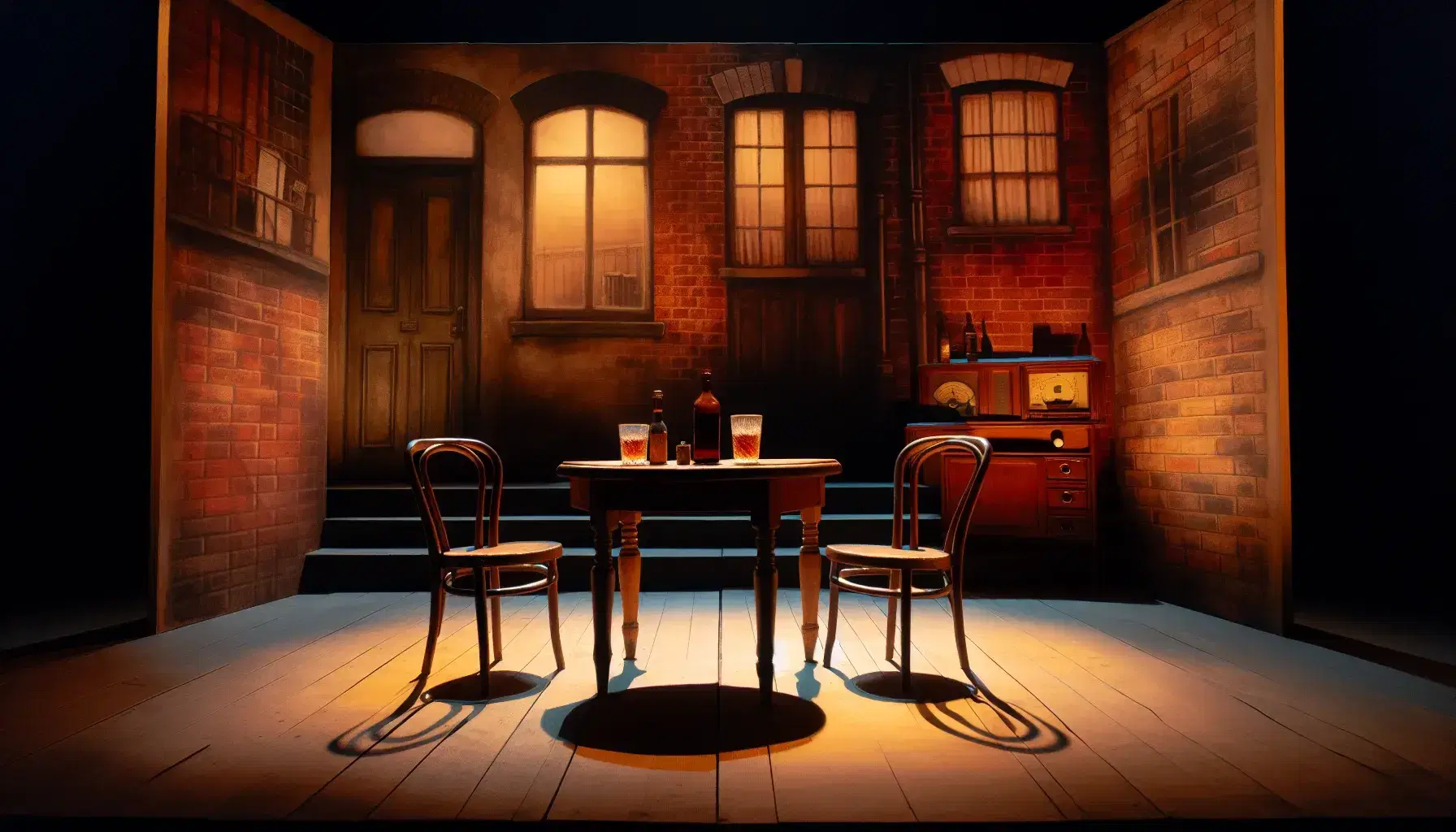 Intimate theater stage with warm lighting, a weathered wooden table set with vintage glasses, a brick backdrop, and an old-fashioned radio.
