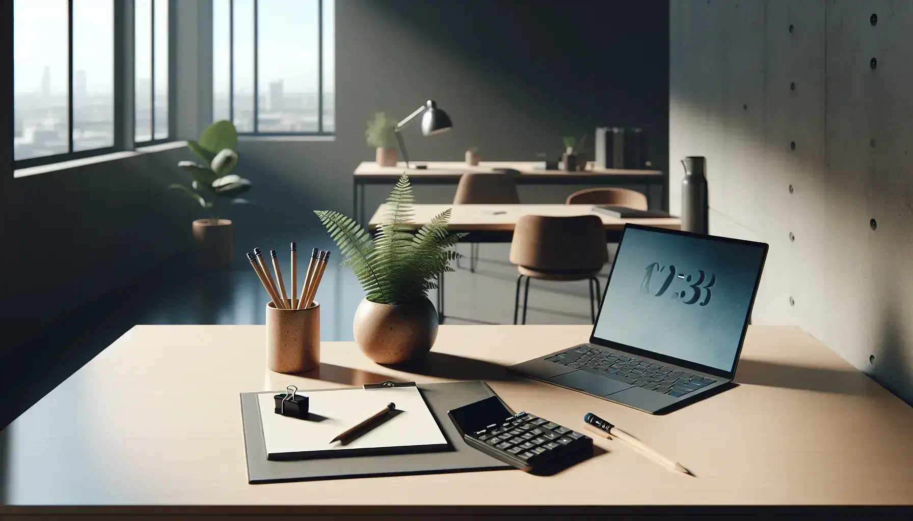 Espacio de trabajo ordenado con mesa de madera, calculadora, lápices, bloc de notas, planta verde, laptop abierto y silla de oficina al fondo.