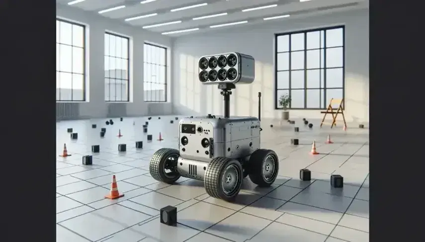Robot mobile grigio metallizzato con sensori lidar in sala test navigazione tra coni arancioni, sedia di legno e pianta verde.