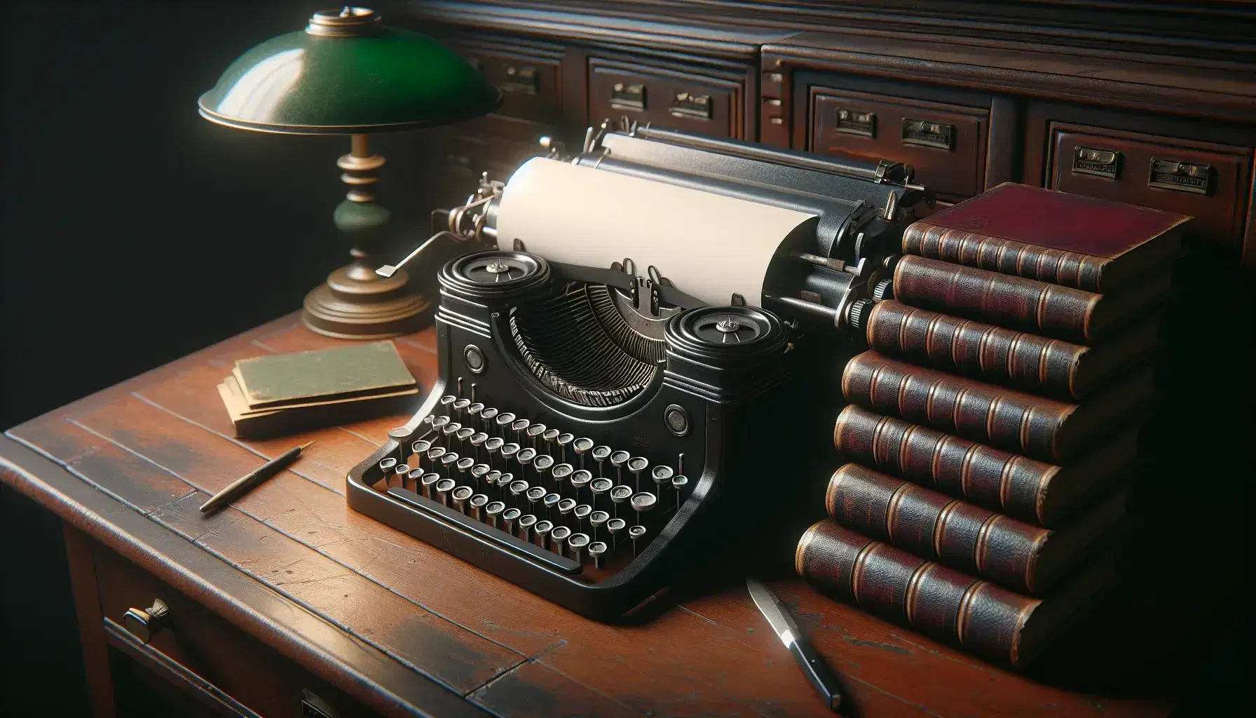 Vintage typewriter with round black keys on an old wooden desk beside a stack of leather-bound books and a green-shaded banker's lamp.
