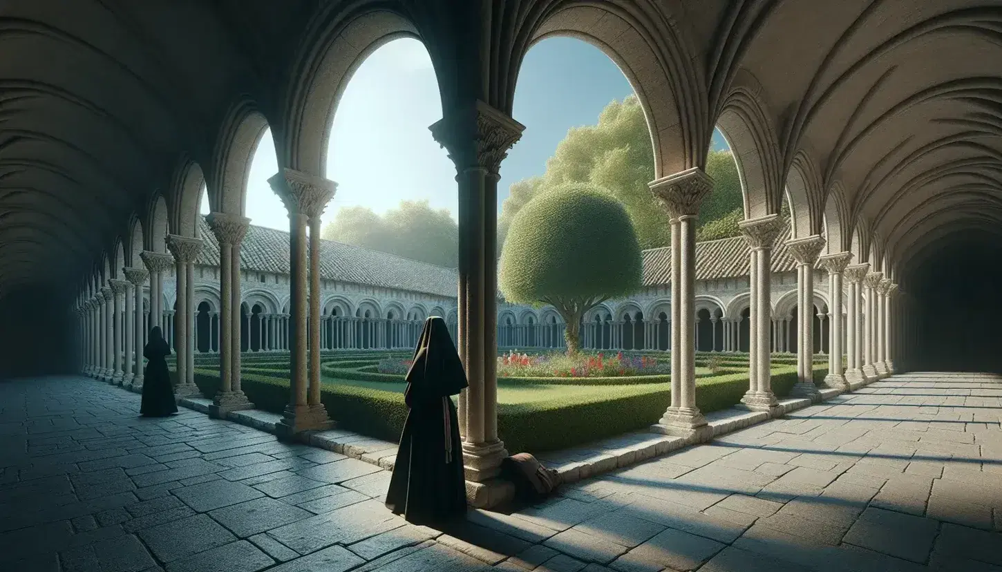 Suora in abito tradizionale cammina in chiostro antico con colonne, archi, giardino interno e gioco di luci e ombre.