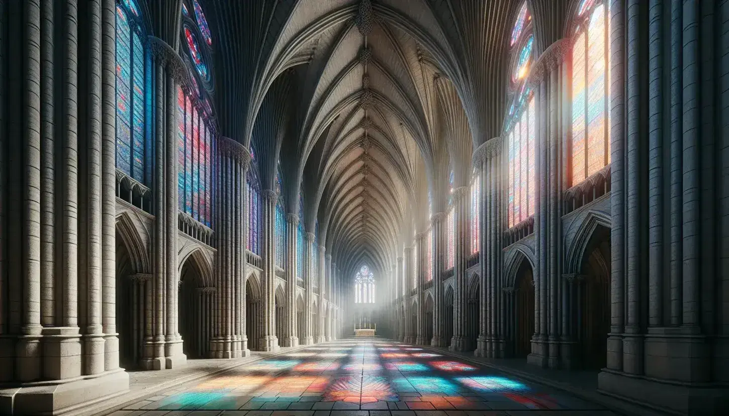 Interno di cattedrale gotica con vetrate colorate, colonne e volta a crociera, pavimento a scacchiera e altare illuminato in fondo.