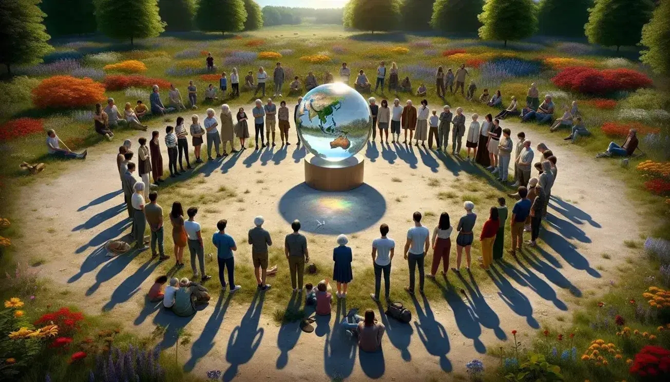 Grupo diverso de personas en círculo alrededor de una esfera de vidrio sobre pedestal de madera en un paisaje natural, reflejando un arcoíris bajo un cielo despejado.