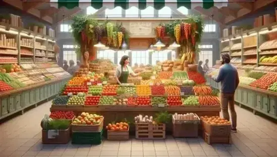 Mercato vivace con banco di frutta e verdura fresca, venditore sorridente in grembiule verde e cliente in giacca blu.