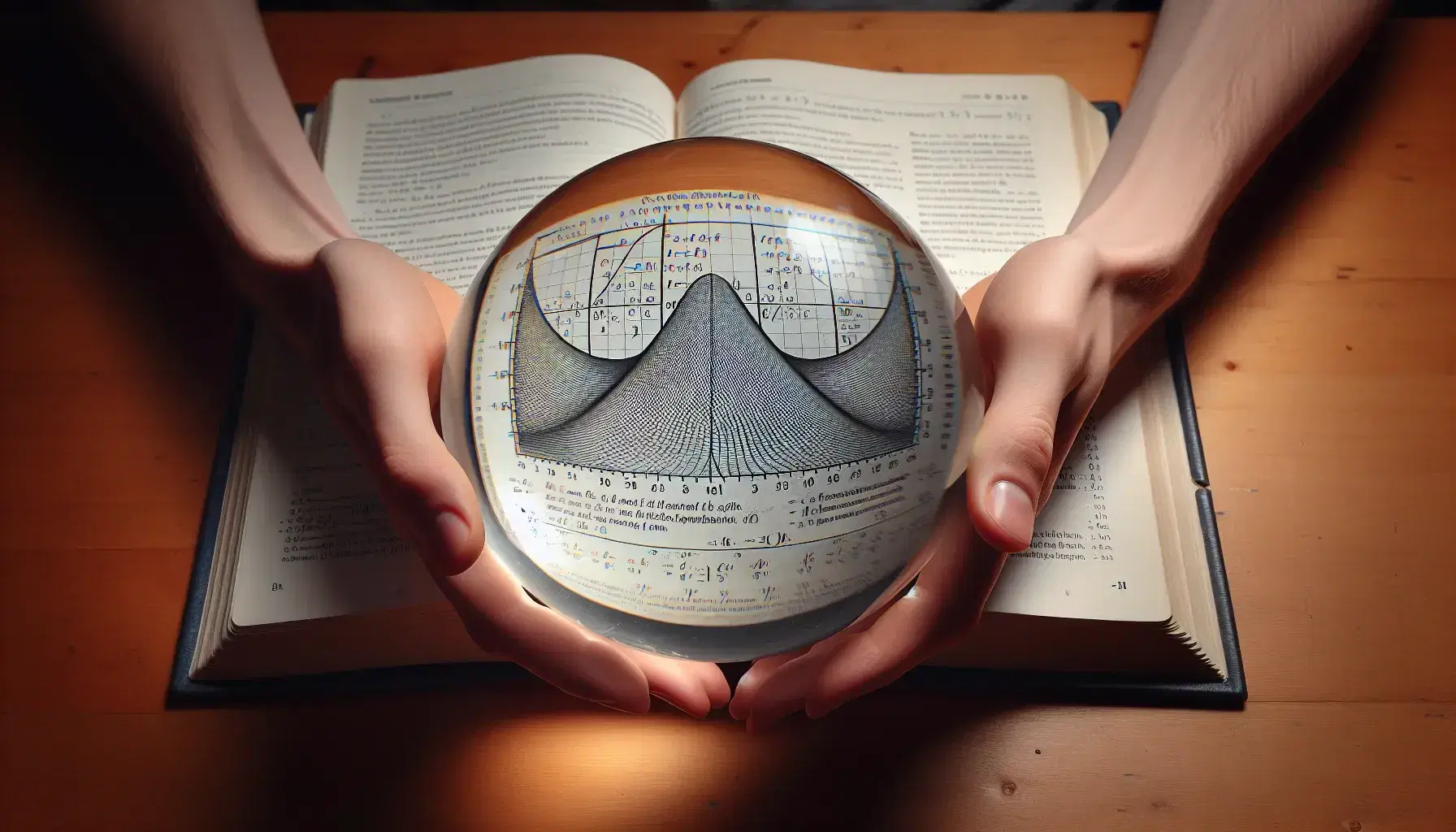Hands holding a glass sphere magnifying a calculus graph on a textbook page, with a polished wooden desk background.