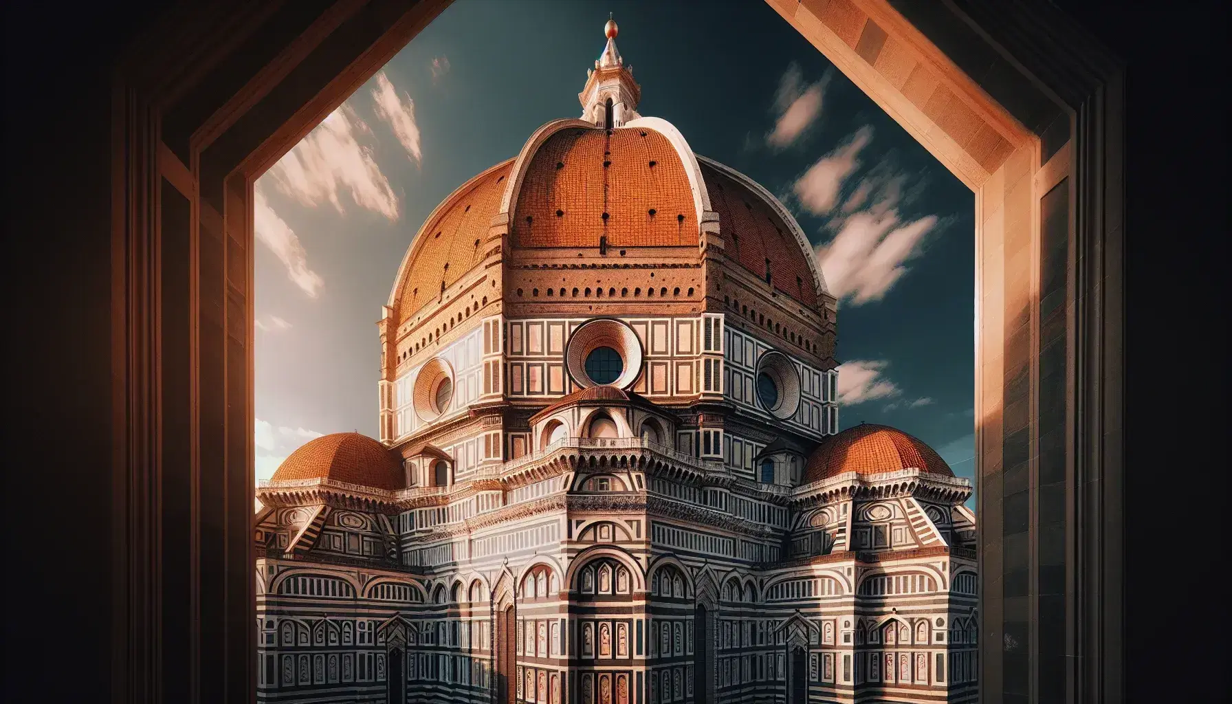 Vista frontale del Duomo di Firenze con la cupola di Brunelleschi illuminata dalla luce pomeridiana, cielo sereno e dettagli marmorei colorati.