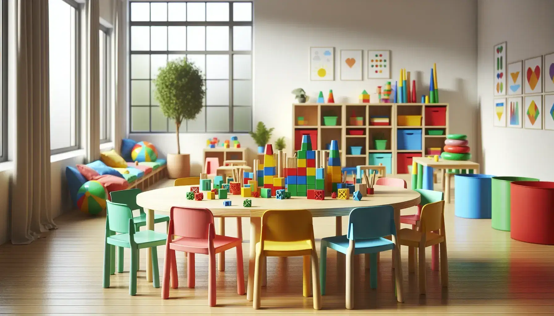 Aula luminosa con mesa redonda y sillas de colores, bloques de construcción variados sobre la mesa, estantería con objetos educativos y planta verde.