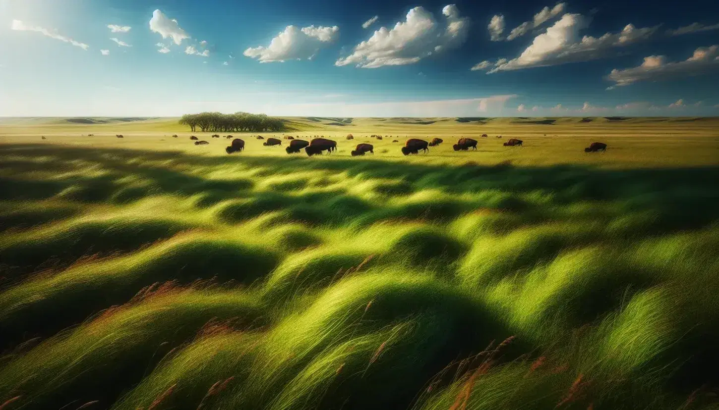 Prateria vasta con erba verde, cielo azzurro e nuvole sparse, bisonti al pascolo e alberi isolati in lontananza.
