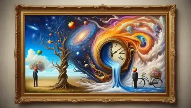 Surreal painting in ornate gold frame featuring a blue sky with stars, a melting clock on a tree, a man with an apple face, and a winged lion on a rock.