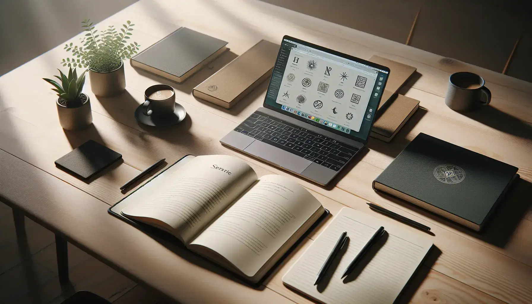 Mesa de madera clara con laptop abierto, cuaderno con bolígrafo, libro abierto, taza de café y planta en maceta verde, ambiente de trabajo tranquilo.