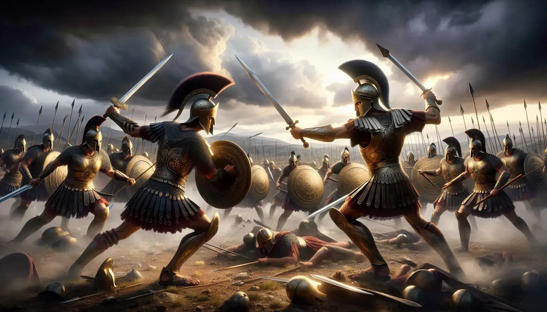 Scena di battaglia dell'Iliade con guerrieri in armature micenee, uno con spada e l'altro con lancia, sotto un cielo tempestoso.