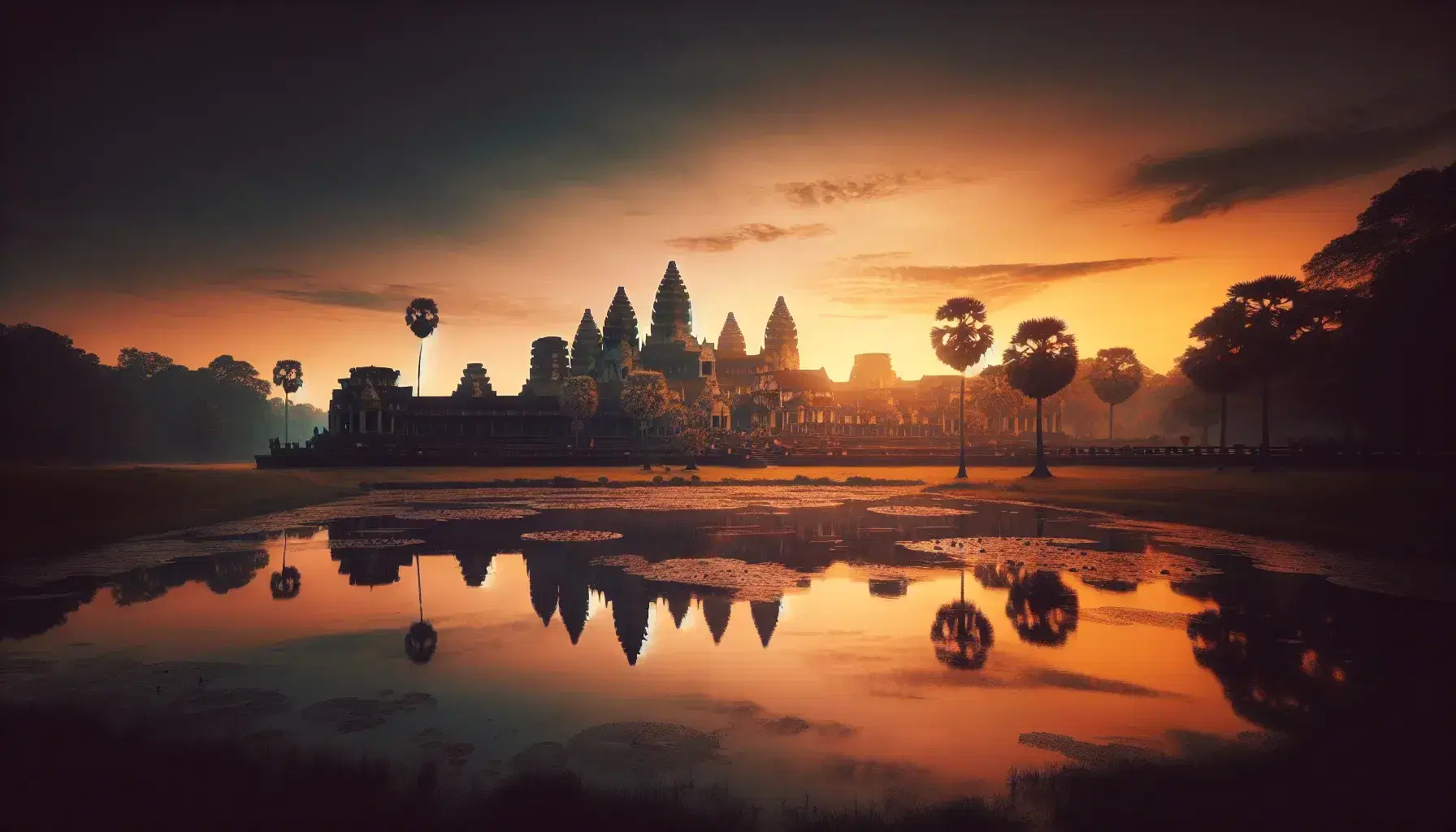 Sunset at Angkor Wat temple complex with silhouette of lotus-like towers reflected in moat, under a gradient sky from amber to deep blue.