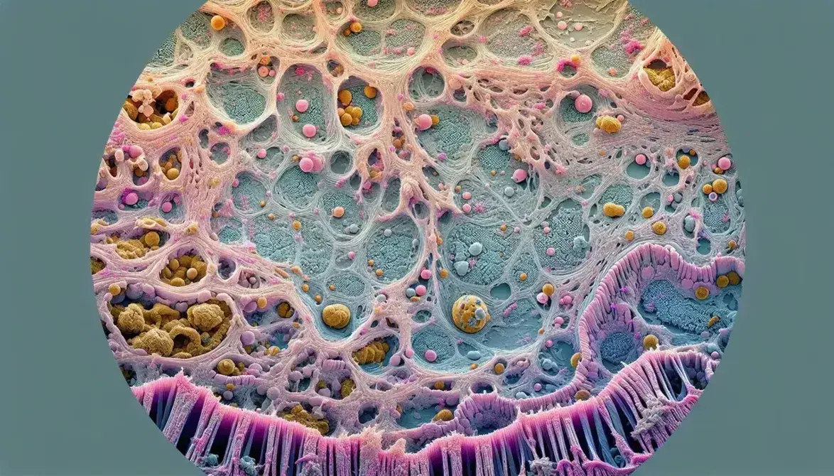 Vista microscópica de alta resolución de la superficie de una célula con membrana de tonos rosas a azules y estructuras como esferas y filamentos.
