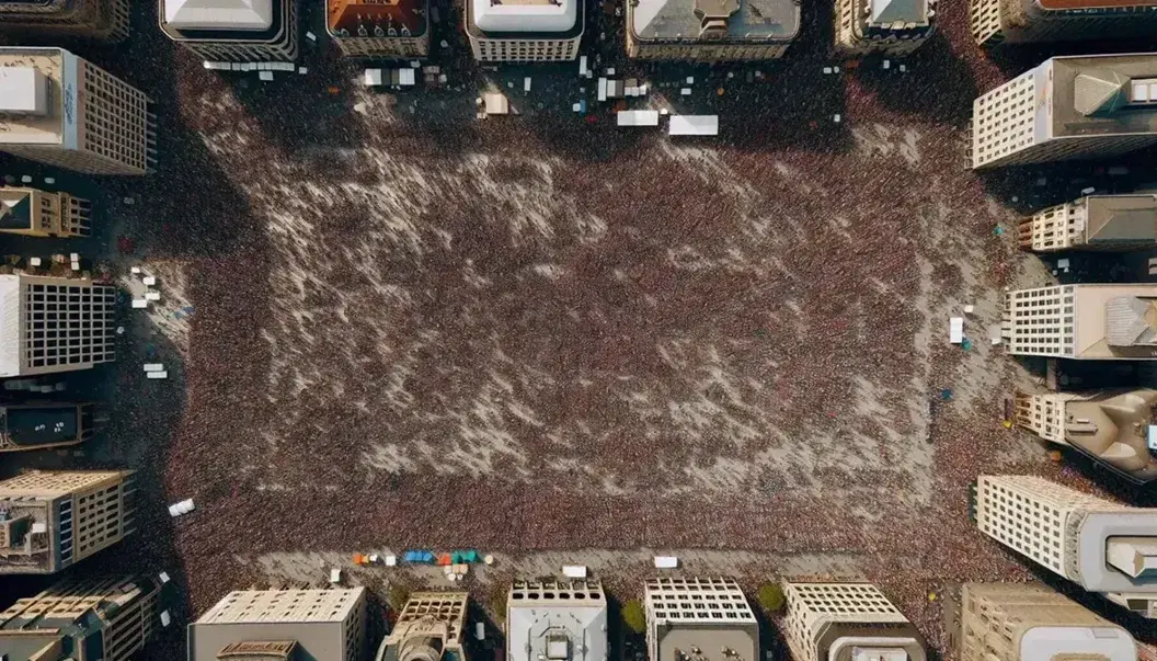 Vista aerea di una piazza affollata in città con persone in vari colori, edifici circostanti e ombre corte indicanti il sole alto.