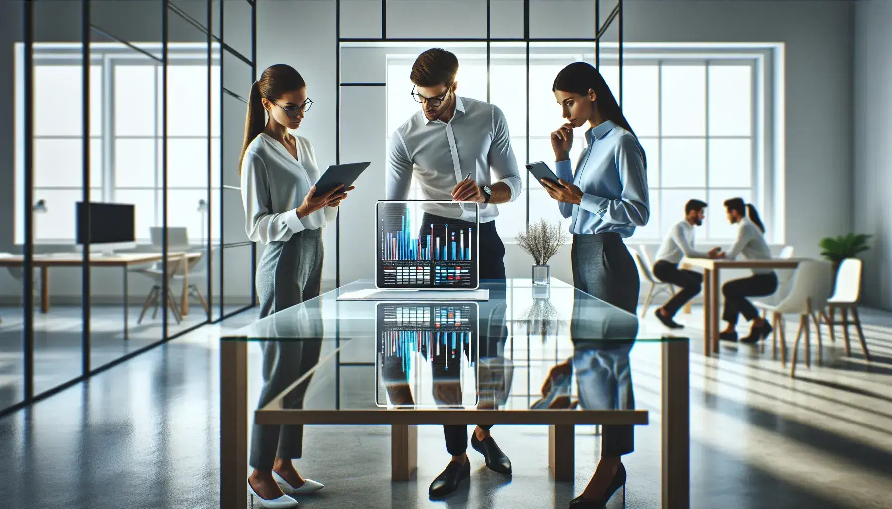 Tres profesionales analizan gráficos de barras en una tableta digital sobre una mesa de vidrio en una oficina iluminada, con dispositivos electrónicos y vestimenta formal.