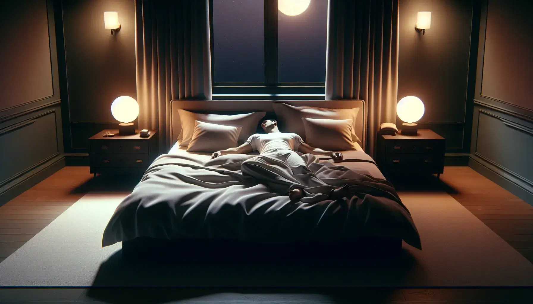 Peaceful night scene of a bedroom with large bed, white duvet, fluffy pillows and lit lamps on bedside tables, sleeping person.