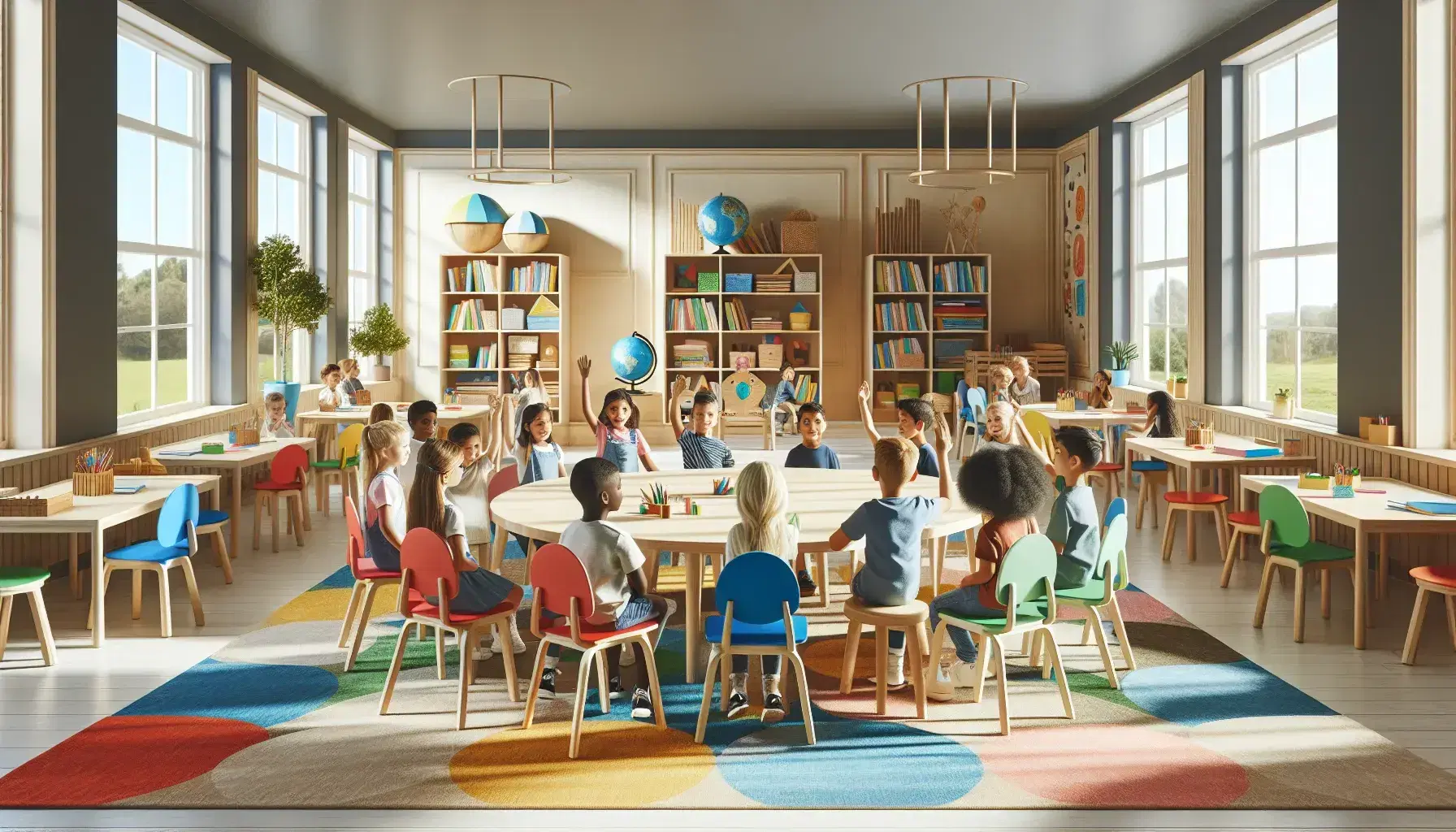 Aula luminosa con niños de diversas etnias interactuando alrededor de una mesa redonda y sentados en el suelo, estantes con libros y ventanas con vistas al jardín.