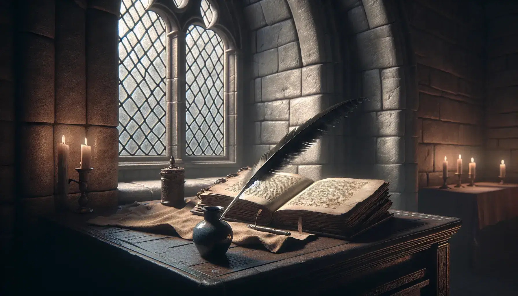 Escena medieval con libro antiguo abierto sobre mesa de madera, pluma de ave y tintero de cerámica junto a ventana arqueada y tapiz rojo y dorado.