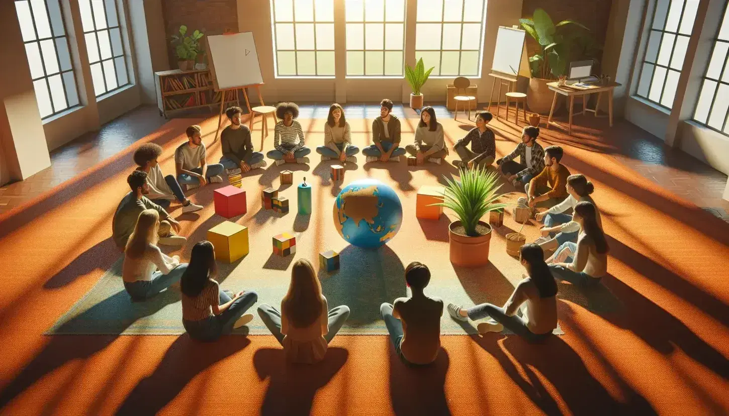 Grupo diverso de estudiantes en círculo en una discusión animada, con objetos educativos en el centro y luz natural de fondo.