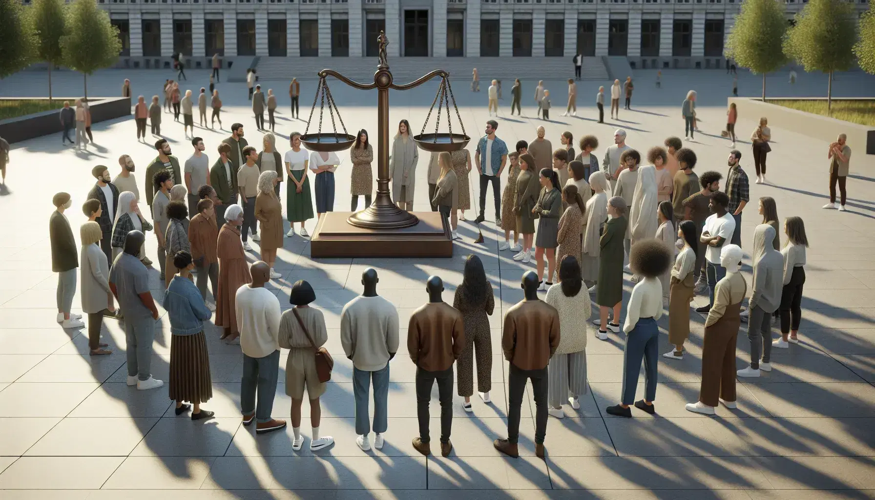 Grupo diverso de personas en semi-círculo alrededor de una balanza de justicia de bronce equilibrada en un entorno urbano diurno.