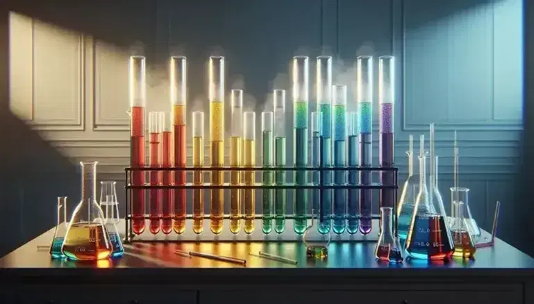 Tubi da laboratorio in vetro con soluzioni colorate arcobaleno su supporto metallico, becher con liquido nebuloso in primo piano.