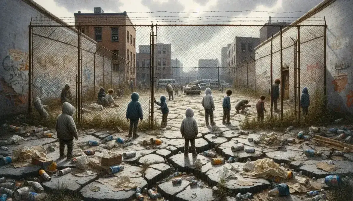 Ruined urban environment with rusty fence, children with deflated ball and dilapidated buildings under cloudy sky, without distinctive signs.