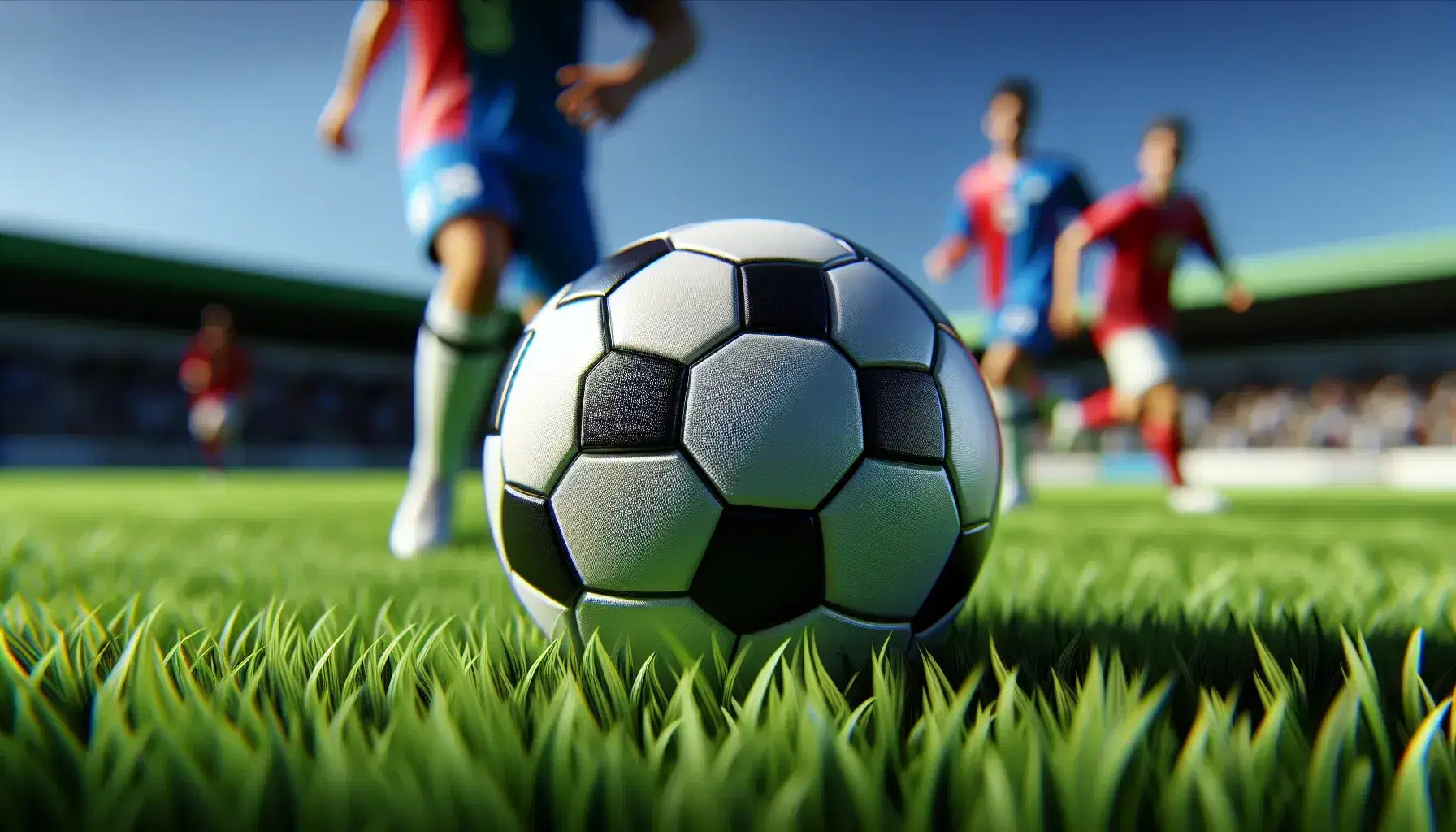Close-up view of a worn soccer ball on vibrant green grass with two out-of-focus players in red and blue jerseys in the background on a sunny day.