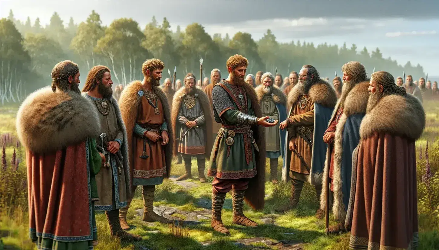 Viking envoys in fur cloaks offer a metal amulet to local chieftains by beached longships on a serene Scandinavian riverbank, under a clear sky.