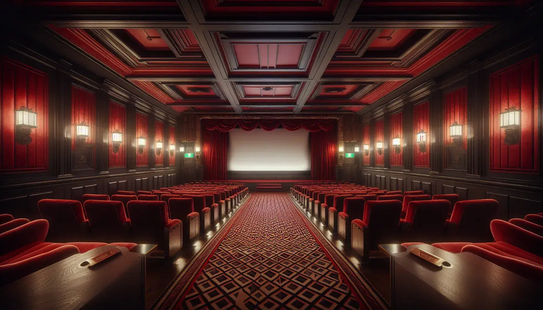 Sala cinematografica vintage vuota con poltrone rosse in velluto, pareti in legno scuro, lampade d'epoca e schermo incorniciato da tende rosse.