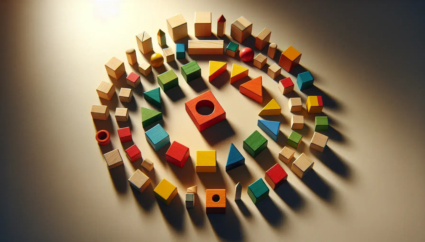 Bloques de madera geométricos en colores vivos, con un círculo central de cuadrados rojos, amarillos, verdes y azules, rodeado por triángulos naranjas, rectángulos verdes y círculos azules.
