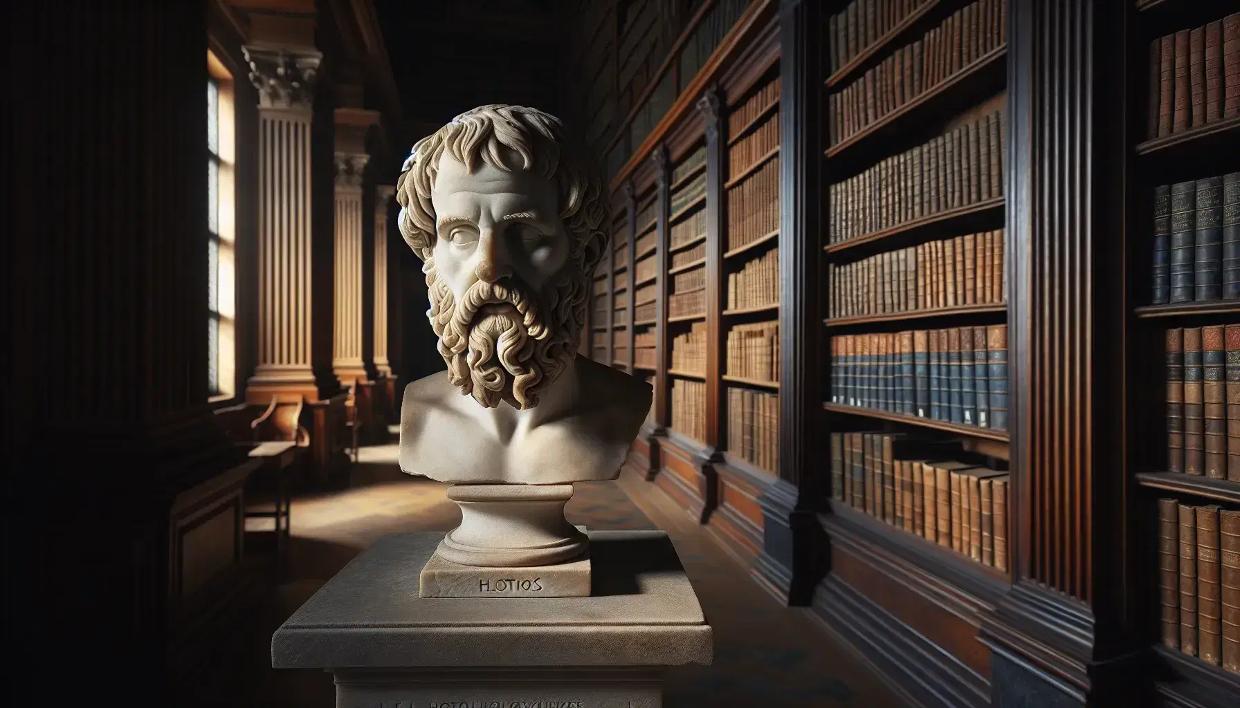 Busto de mármol de filósofo griego antiguo, posiblemente Sócrates o Platón, con expresión pensativa y barba detallada, sobre pedestal de piedra en biblioteca con estantes de madera oscura llenos de libros encuadernados.