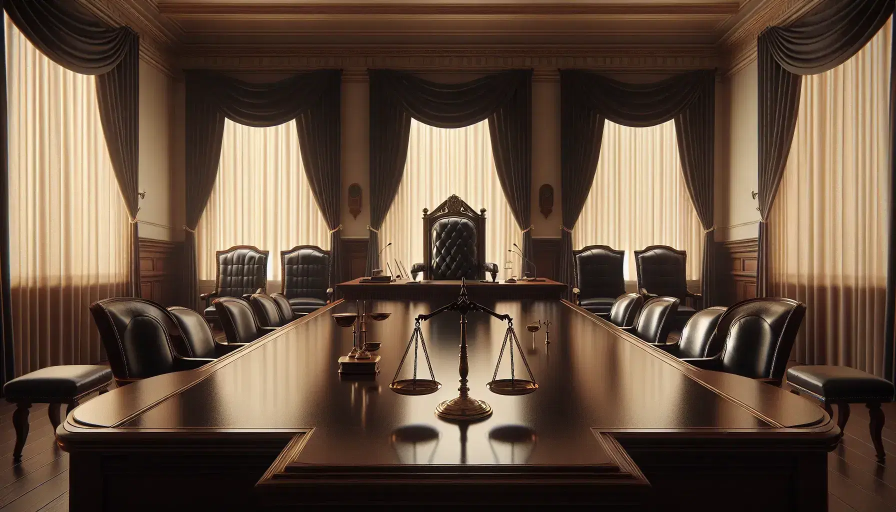 Sala de tribunal con mesa central de madera oscura, silla alta de juez, mesas laterales con balanza de justicia y bandera sin símbolos.