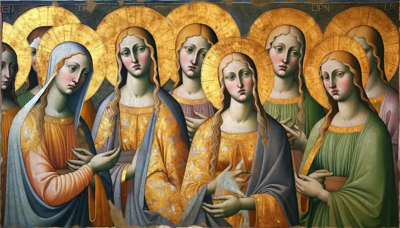 Particolare del fresco 'Maestà' di Duccio di Buoninsegna, con figure umane medievali, abiti gotici e dettagli dorati su sfondo monocromatico.