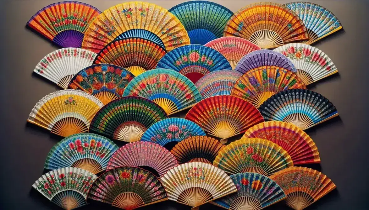 Colorful traditional Spanish fans with intricate floral and geometric designs, displayed in a semi-circular pattern with visible wooden ribs.