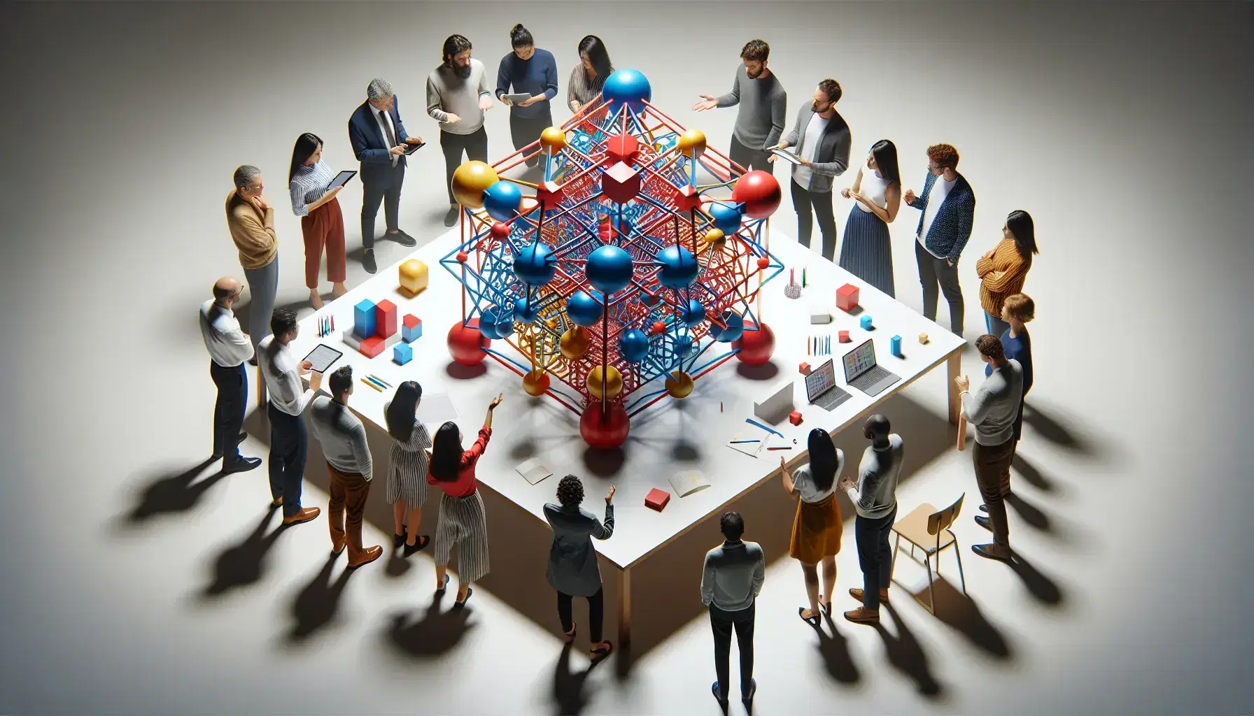 Grupo diverso de personas colaborando alrededor de una mesa con modelo 3D de estructura geométrica de cubos y esferas en colores primarios.