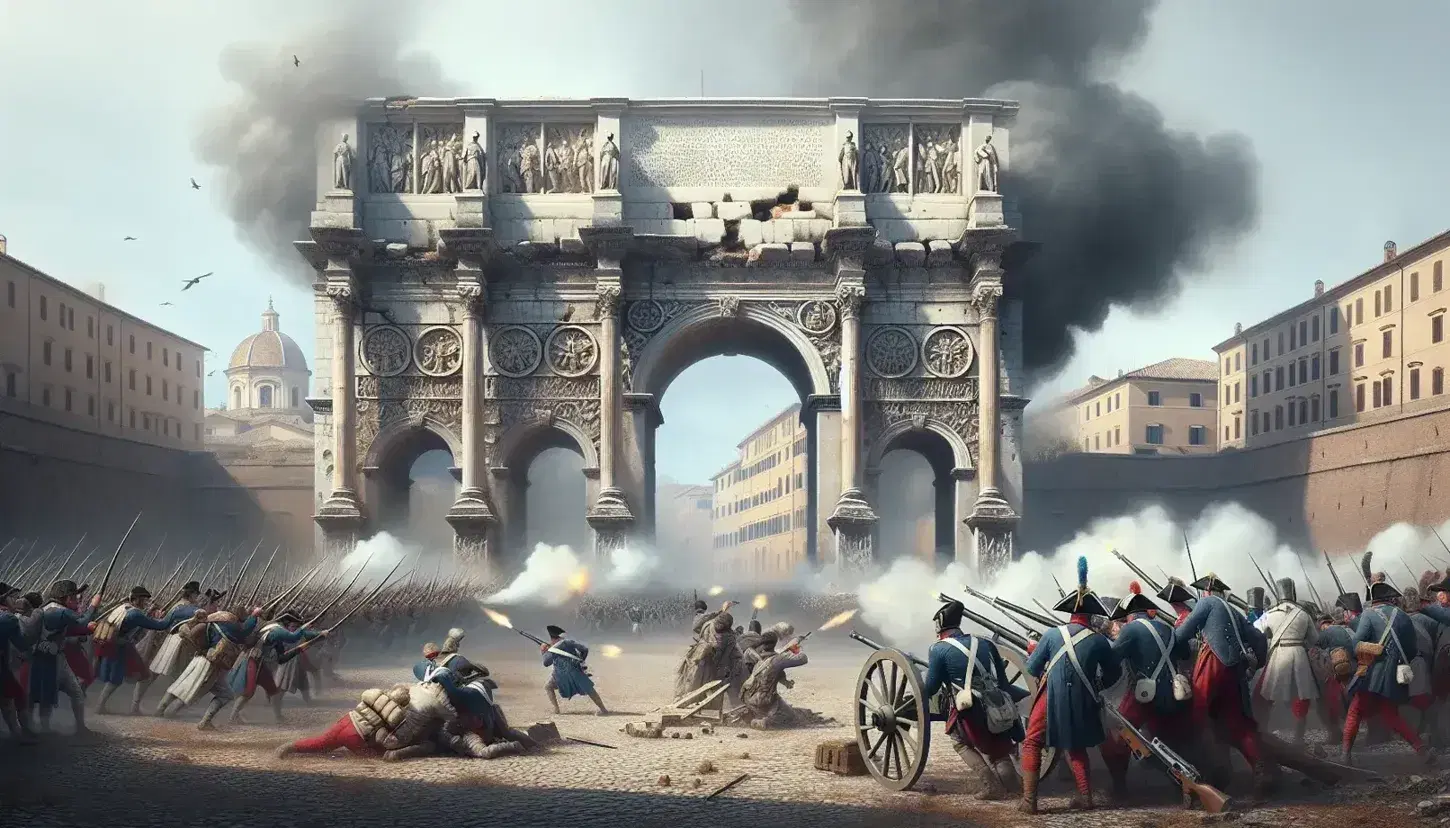 Soldati italiani assaltano la danneggiata Porta Pia tra fumo di cannoni e detriti durante la Breccia, simbolo dell'unificazione d'Italia.