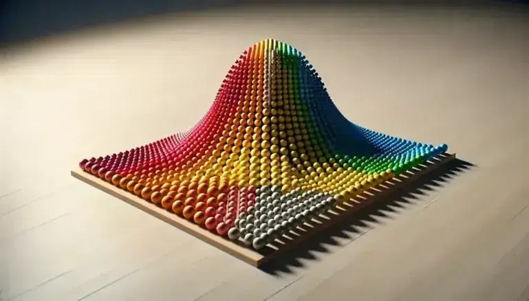 Esferas de colores formando una curva de distribución normal sobre superficie lisa, con gradiente de rojo a violeta.