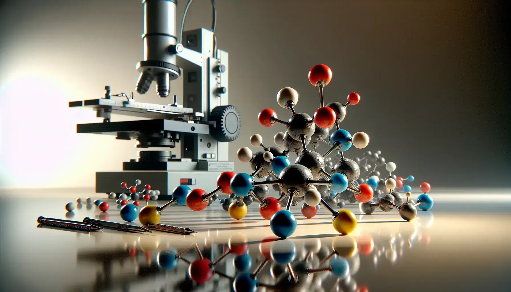 Modelos moleculares tridimensionales con esferas de colores y varillas en superficie reflectante, y microscopio electrónico de barrido al fondo.