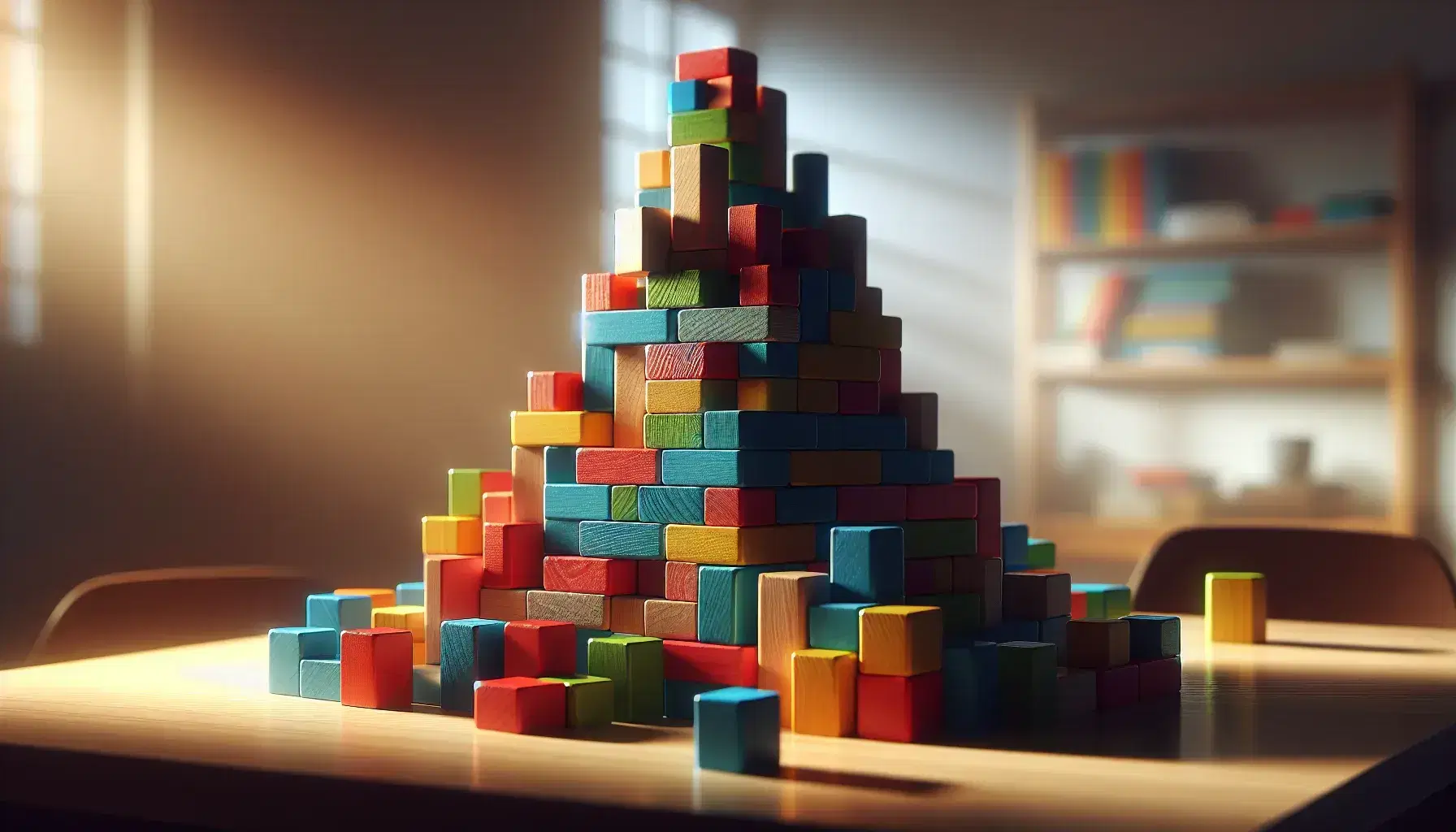 Torre di blocchi colorati in legno, con forme varie, impilati su superficie piana, con ombre marcate e sfondo sfocato.