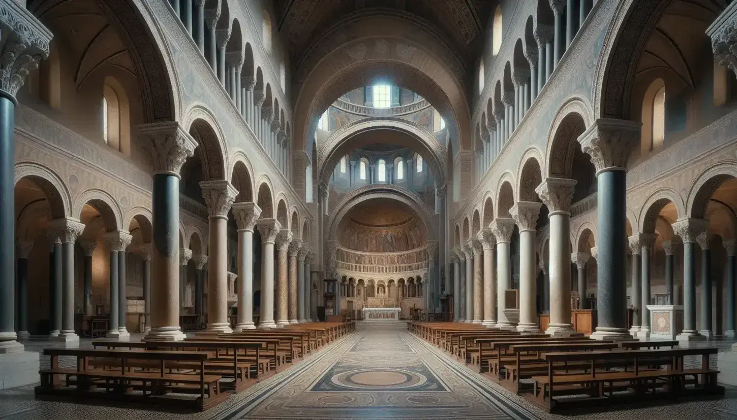 Interno della Basilica di Sant'Ambrogio in stile romanico con colonne massicce, archi, altare in marmo bianco sotto cupola affrescata e crocifisso in legno scuro.