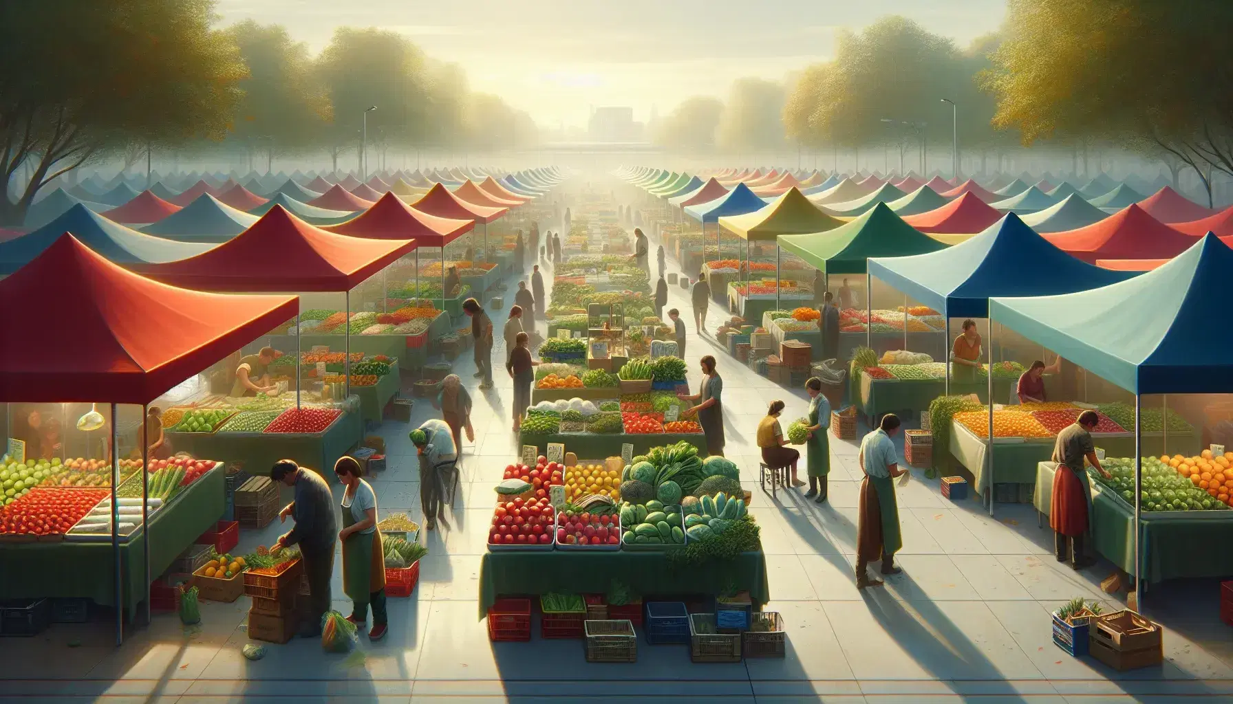 Mercado al aire libre con puestos coloridos vendiendo frutas y verduras frescas, clientes comprando y vendedores atendiendo en un día soleado.
