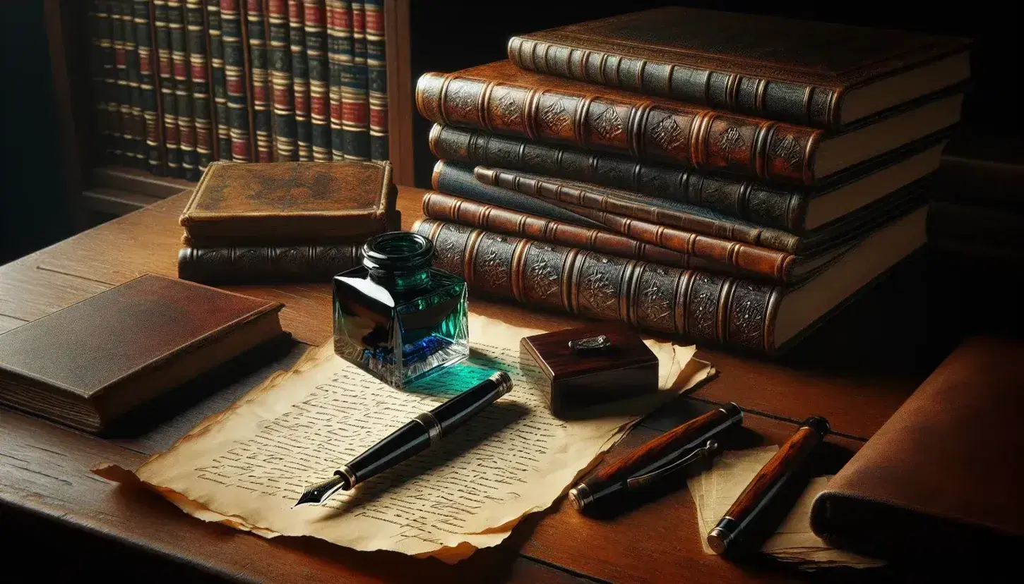 Scrivania antica in legno scuro con penna stilografica vintage, calamaio di vetro, fogli ingialliti e libro aperto, ritratto di Giosue Carducci sullo sfondo.