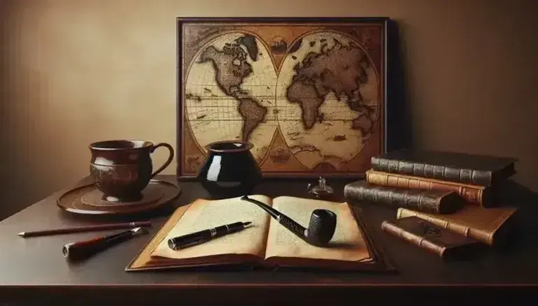 Scrivania in legno scuro con libro aperto, penna stilografica nera, pipa, mappa antica sullo sfondo e tazza di caffè.