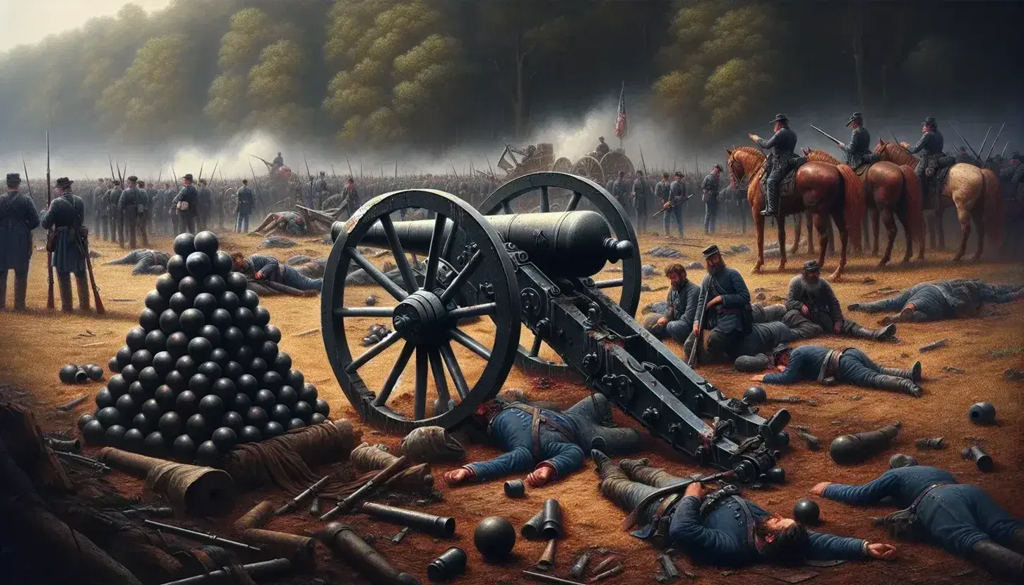 Civil War battlefield with cannon and cannonballs in foreground, fallen soldiers and dead horse on brown ground and trampled grass, background of trees and smoke.