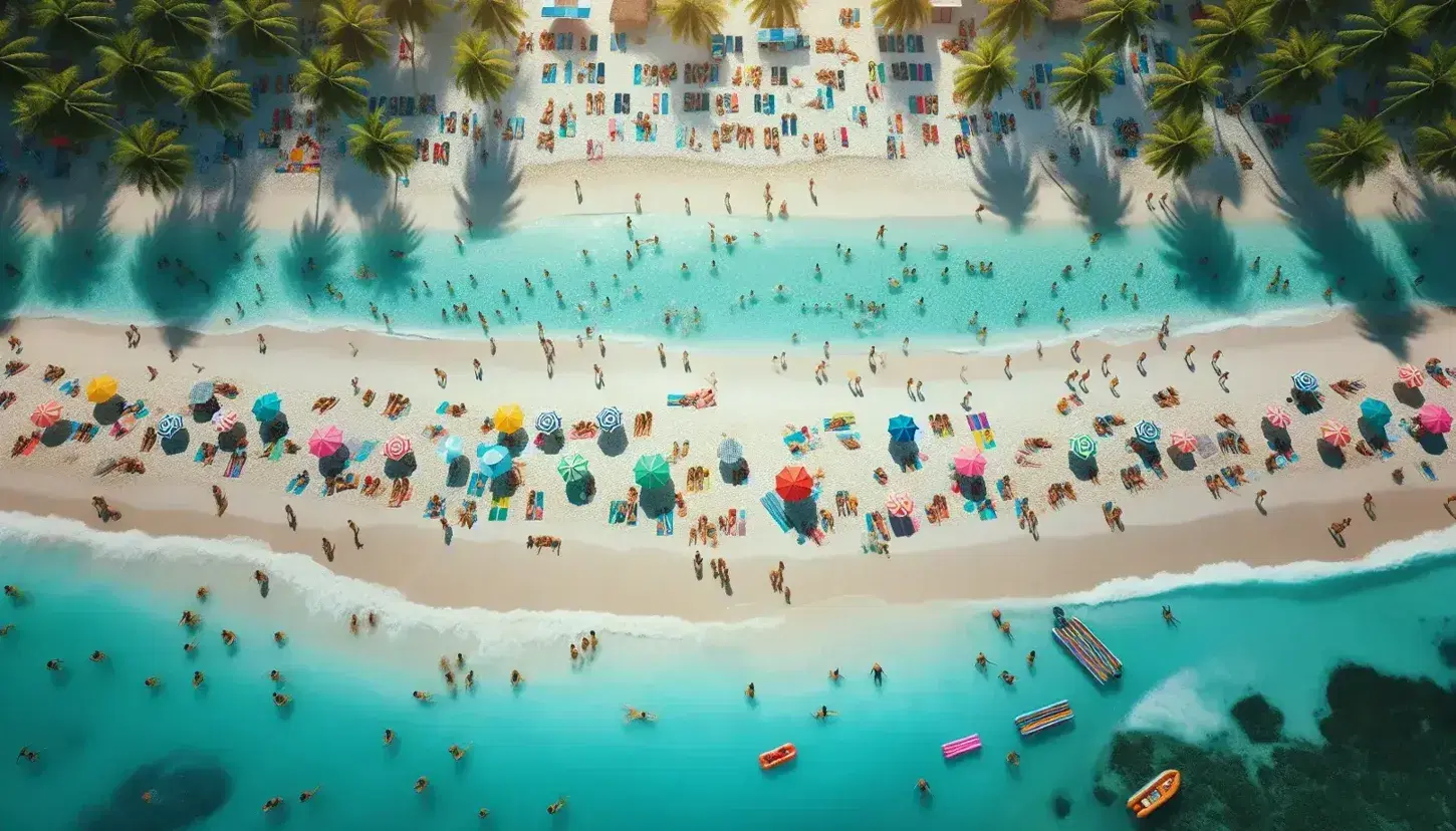 Playa tropical concurrida con sombrillas coloridas, personas tomando sol en tumbonas, nadadores en aguas cristalinas y palmeras inclinadas hacia el mar en un día soleado.
