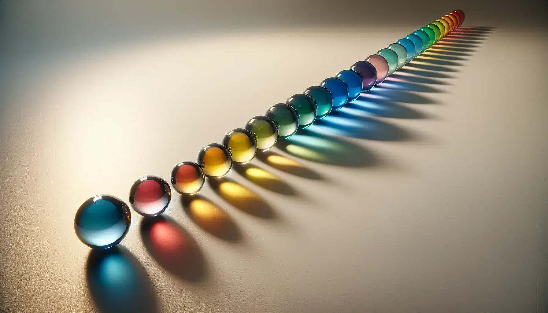 Esferas de colores del arcoíris en línea sobre superficie lisa reflejando luz, con sombras suaves, de rojo a azul y crecientes en tamaño.